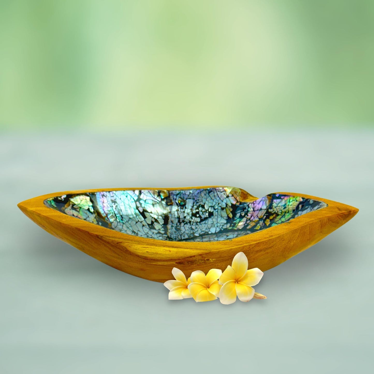 Handcrafted Abalone Shell Teak Plate: Iridescent Bali Art Dish