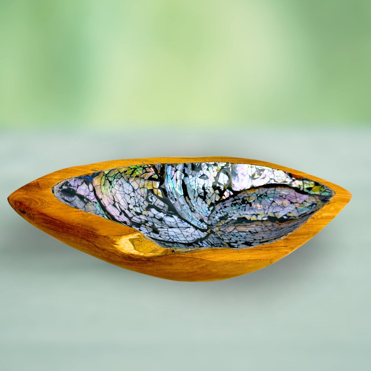 Handcrafted Abalone Shell Teak Plate: Iridescent Bali Art Dish