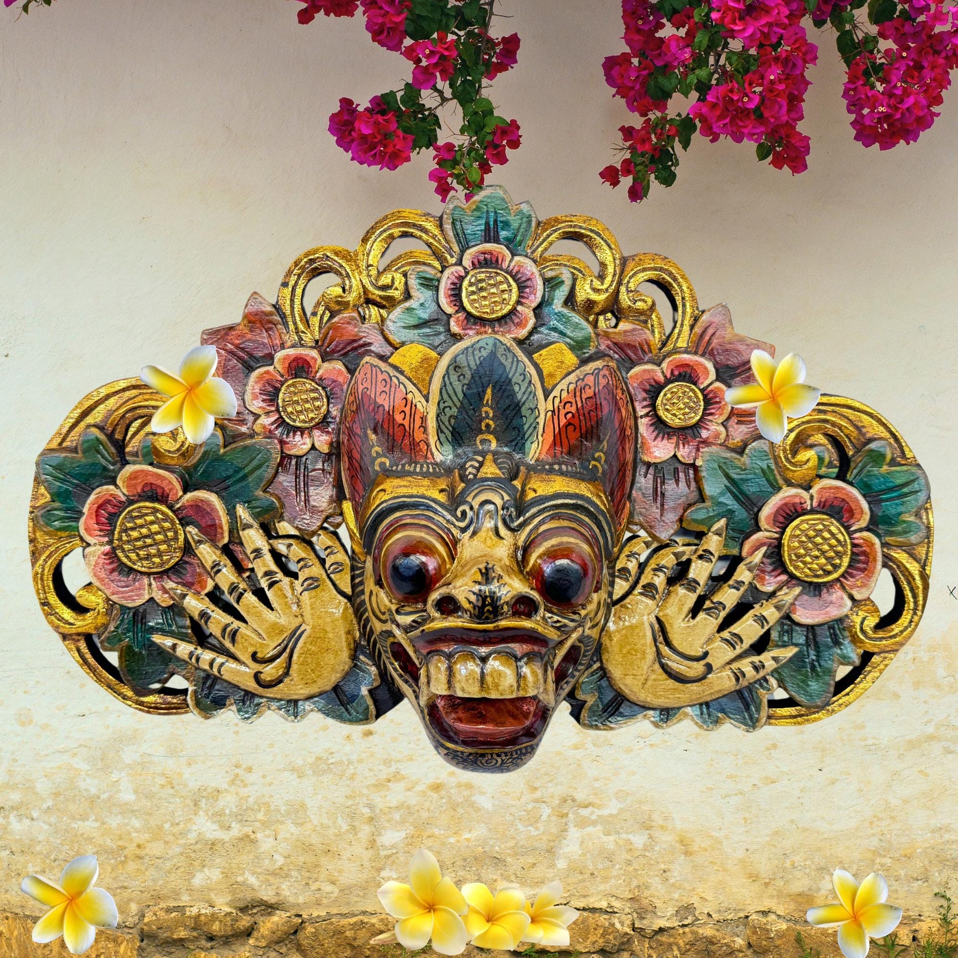 Balinese Demon Mask Bhoma Guardian of the Boma Protector of Earth Barong Mask Polychrome Hand Carved wood Carving Bali Folk Art Wall Decor - Acadia World Traders