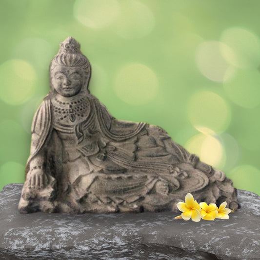 Resting Guanyin Kwan Yin Garden Art Statue Bodhisattva Buddha Goddess of Mercy Cast Lava Stone Sculpture Handmade Boho eclectic Decor - Acadia World Traders