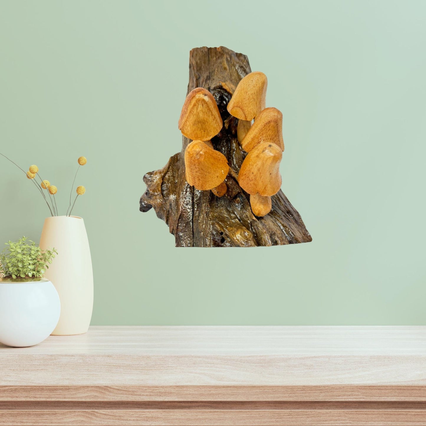 Hand Carved Wood Mushroom Sculpture: Rustic Cottage Wall Art