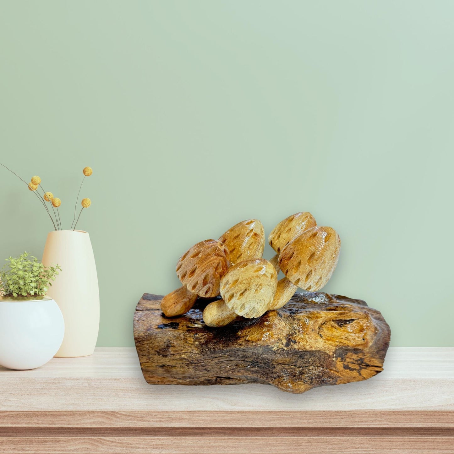 Hand Carved Wood Mushroom Sculpture: Balinese Rustic Decor Wall Art