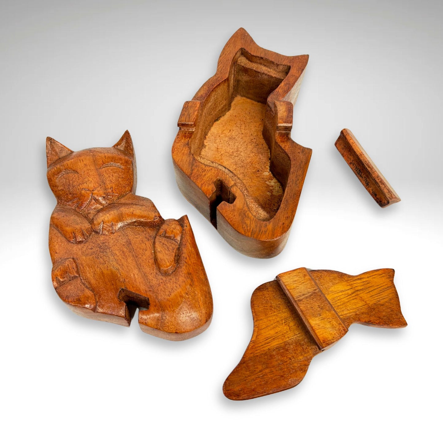 Kitty Cat Gift Secret Puzzle Box Trinket stash Jewelry Box Hand Carved Wood