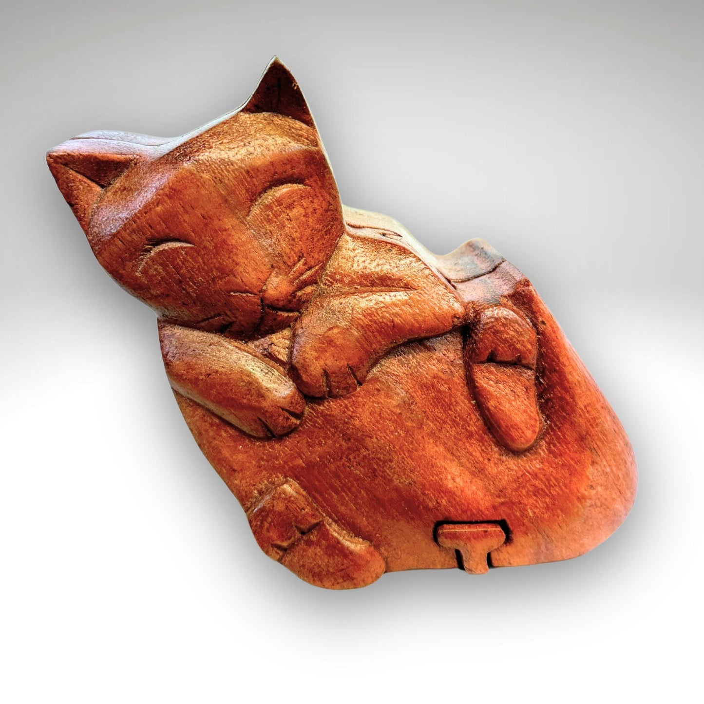 Kitty Cat Gift Secret Puzzle Box Trinket stash Jewelry Box Hand Carved Wood
