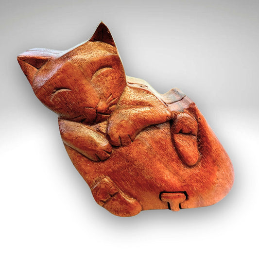 Kitty Cat Gift Secret Puzzle Box Trinket stash Jewelry Box Hand Carved Wood