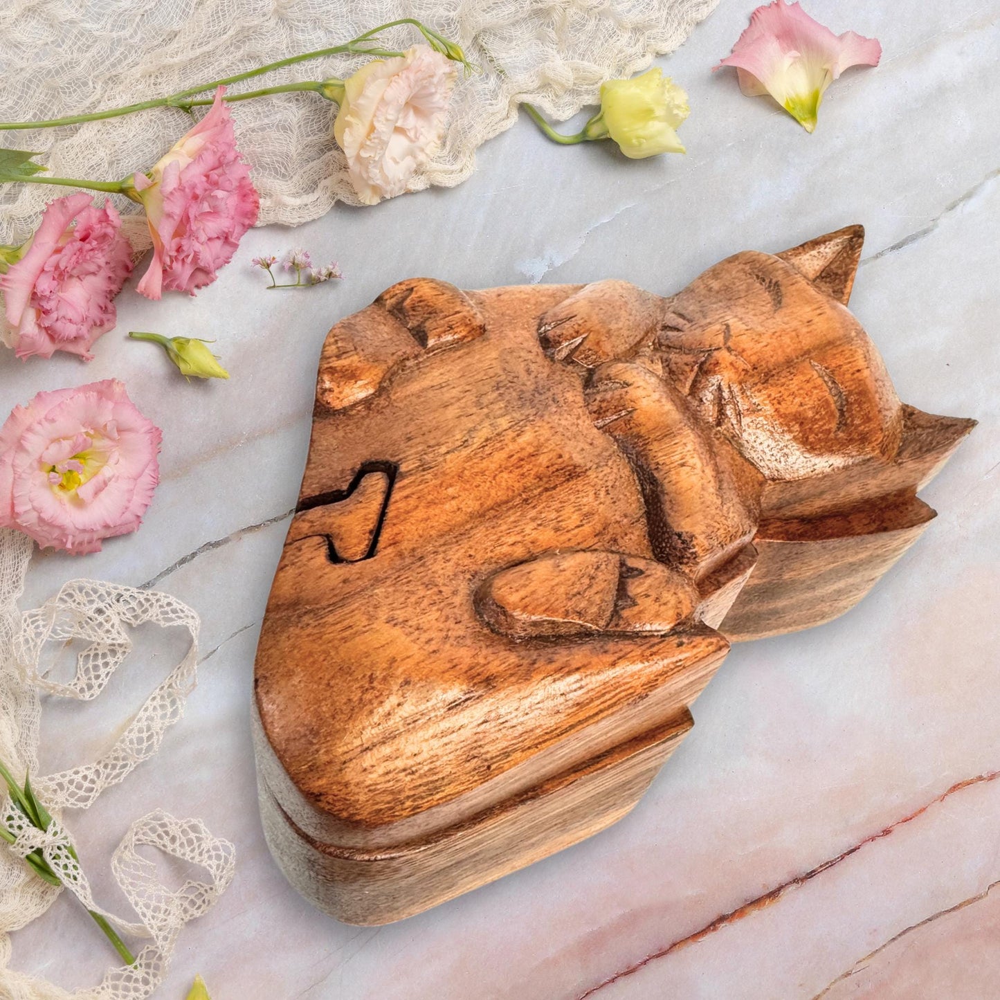 Kitty Cat Gift Secret Puzzle Box Trinket stash Jewelry Box Hand Carved Wood