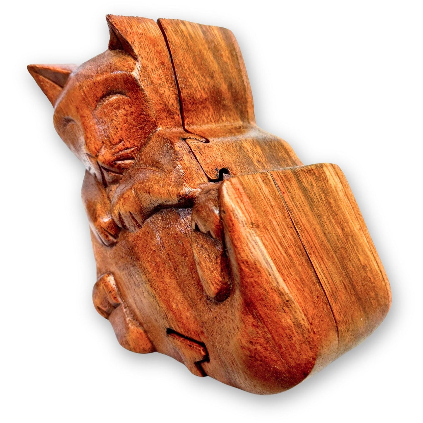 Kitty Cat Gift Secret Puzzle Box Trinket stash Jewelry Box Hand Carved Wood