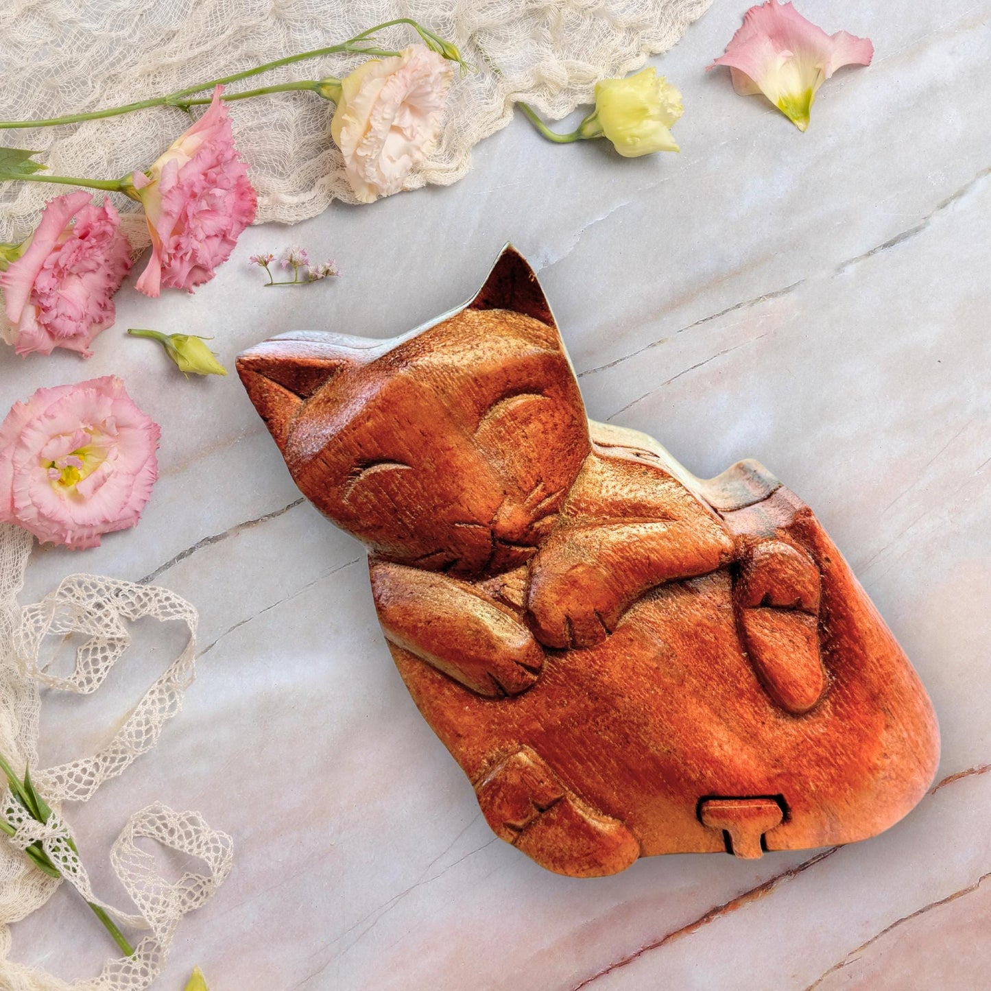Kitty Cat Gift Secret Puzzle Box Trinket stash Jewelry Box Hand Carved Wood
