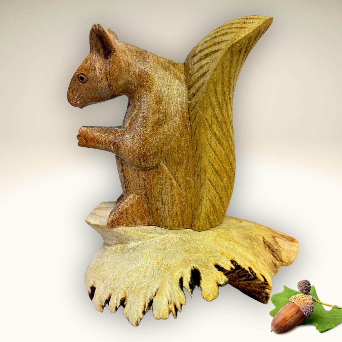 Hand Carved Squirrel Wood Sculpture: Parasite Mushroom Base, Bali Art