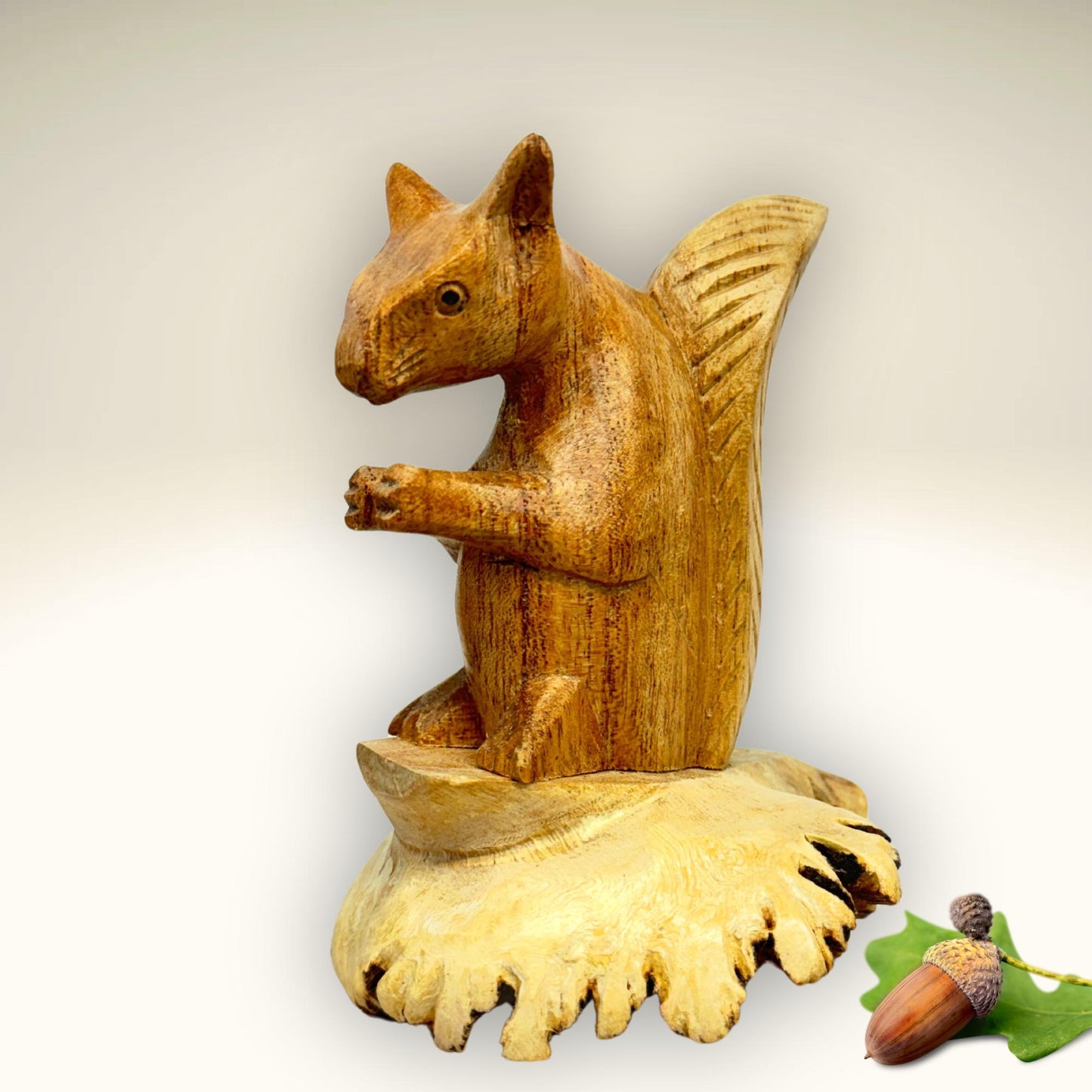 Hand Carved Squirrel Wood Sculpture: Parasite Mushroom Base, Bali Art