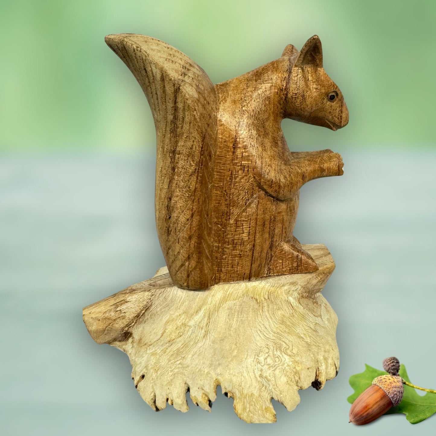 Hand Carved Squirrel Wood Sculpture: Parasite Mushroom Base, Bali Art