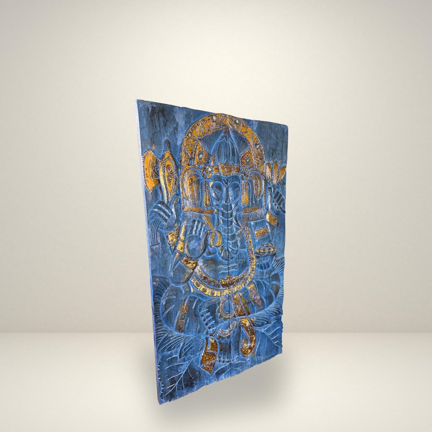 Ganesha Elephant God Hand Carved Wooden Panel Wall Art Folding Screen Wood Carving Balinese  Eclectic Asian Style Boho Decor Gold Blue Gold - Acadia World Traders