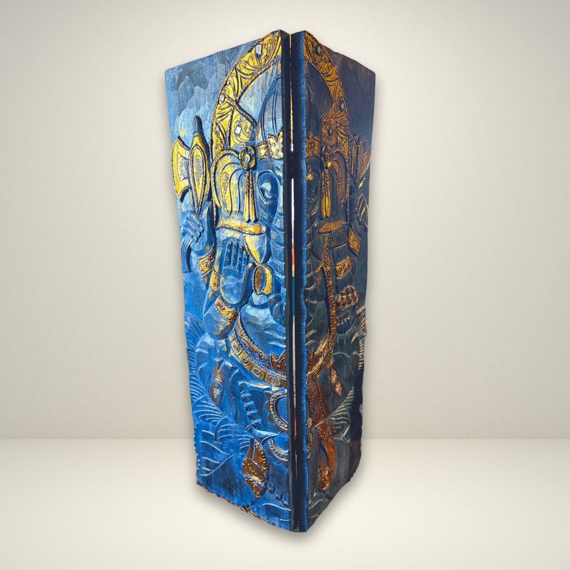 Ganesha Elephant God Hand Carved Wooden Panel Wall Art Folding Screen Wood Carving Balinese  Eclectic Asian Style Boho Decor Gold Blue Gold - Acadia World Traders