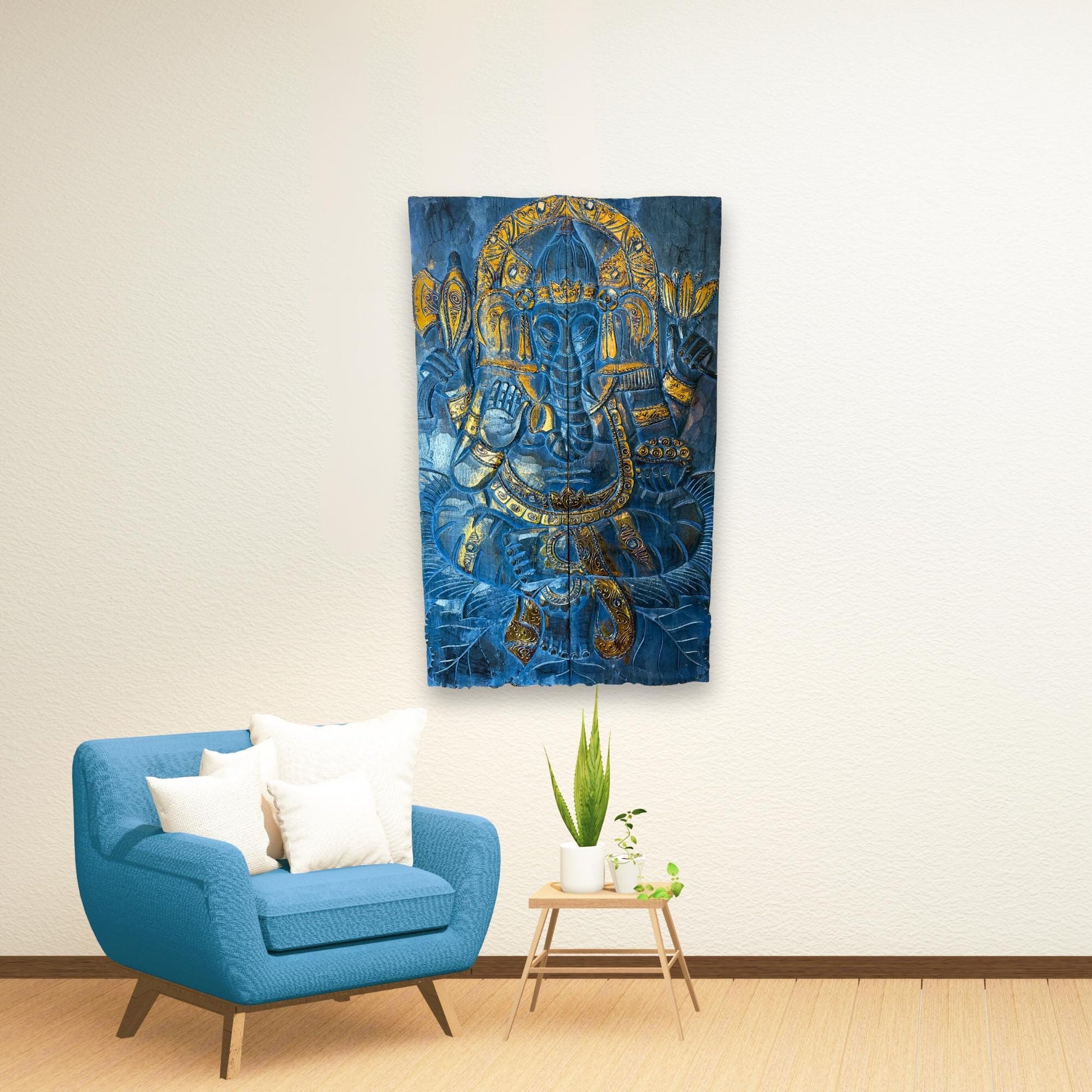 Ganesha Elephant God Hand Carved Wooden Panel Wall Art Folding Screen Wood Carving Balinese  Eclectic Asian Style Boho Decor Gold Blue Gold - Acadia World Traders