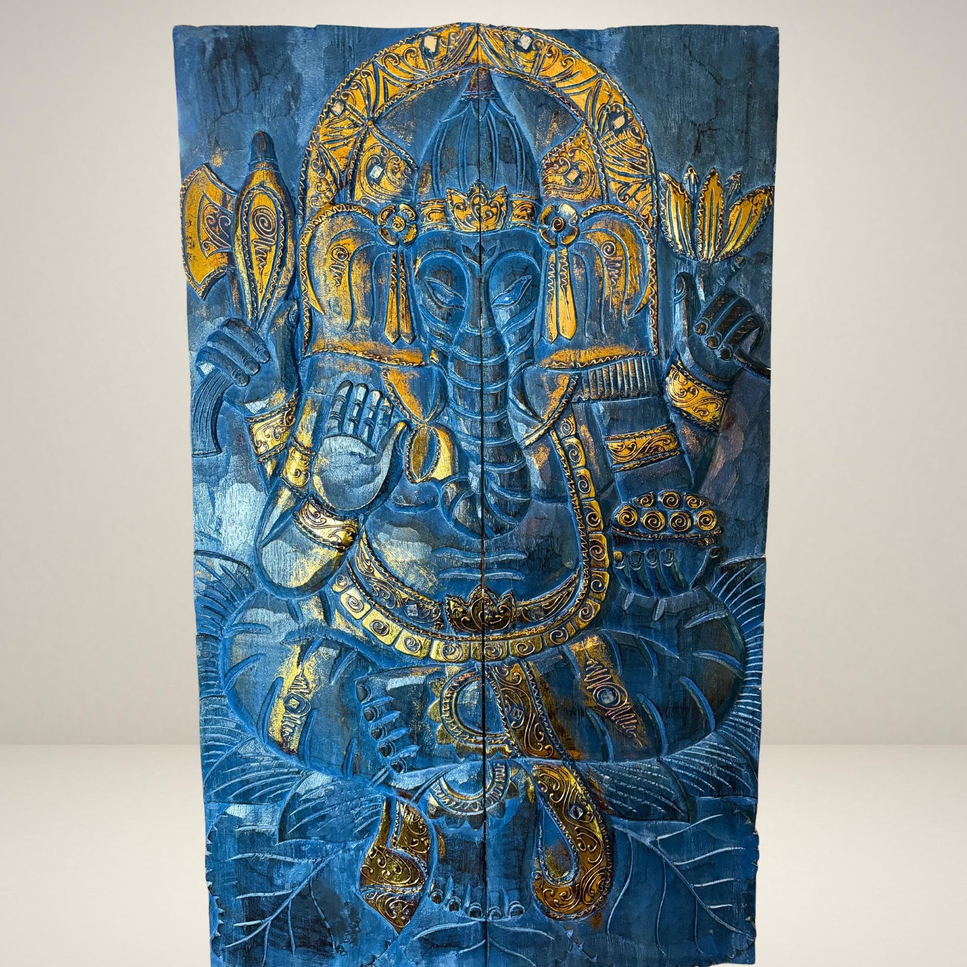 Ganesha Elephant God Hand Carved Wooden Panel Wall Art Folding Screen Wood Carving Balinese  Eclectic Asian Style Boho Decor Gold Blue Gold - Acadia World Traders