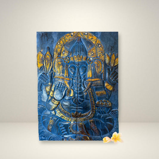 Ganesha Elephant God Hand Carved Wooden Panel Wall Art Folding Screen Wood Carving Balinese  Eclectic Asian Style Boho Decor Gold Blue Gold - Acadia World Traders