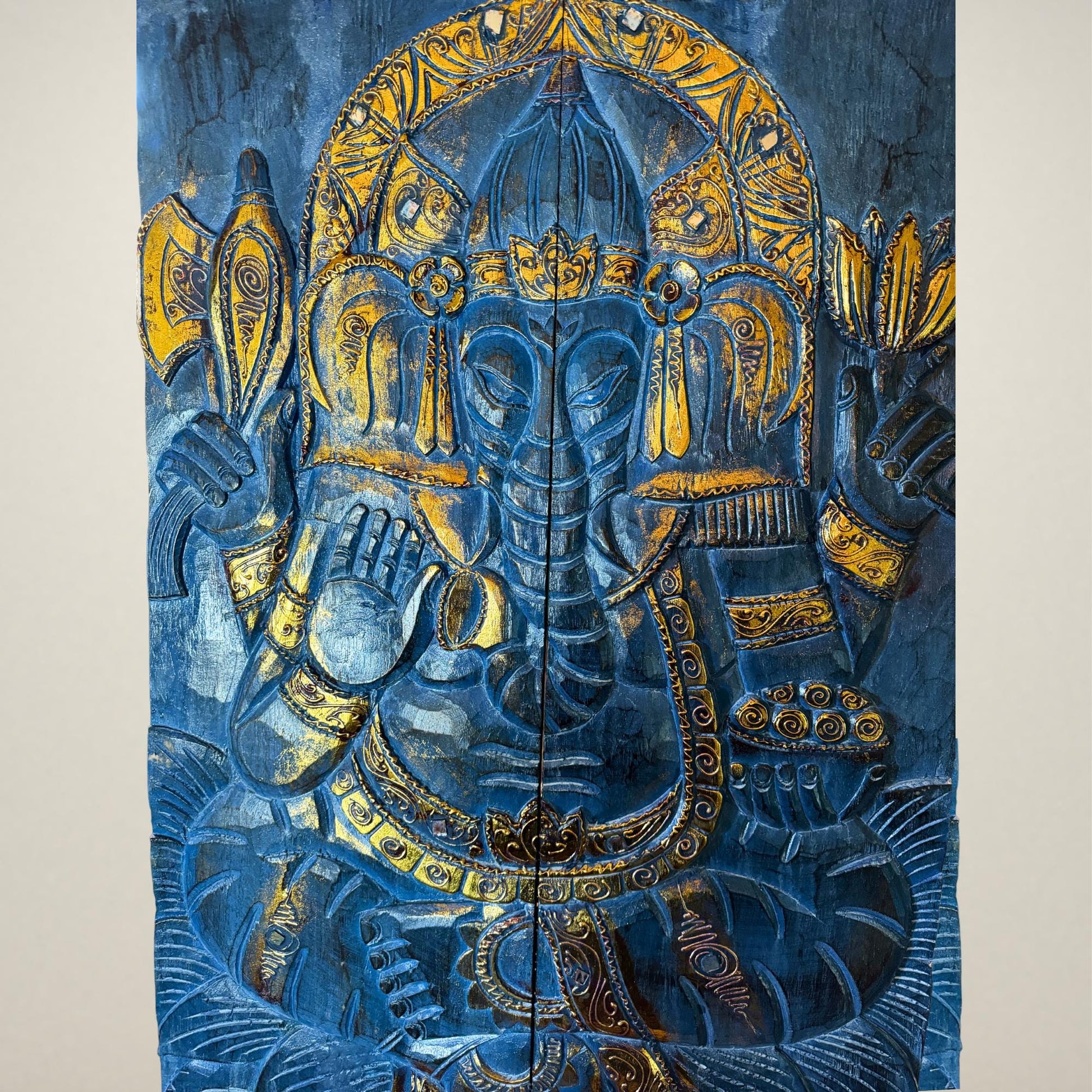 Ganesha Elephant God Hand Carved Wooden Panel Wall Art Folding Screen Wood Carving Balinese  Eclectic Asian Style Boho Decor Gold Blue Gold - Acadia World Traders
