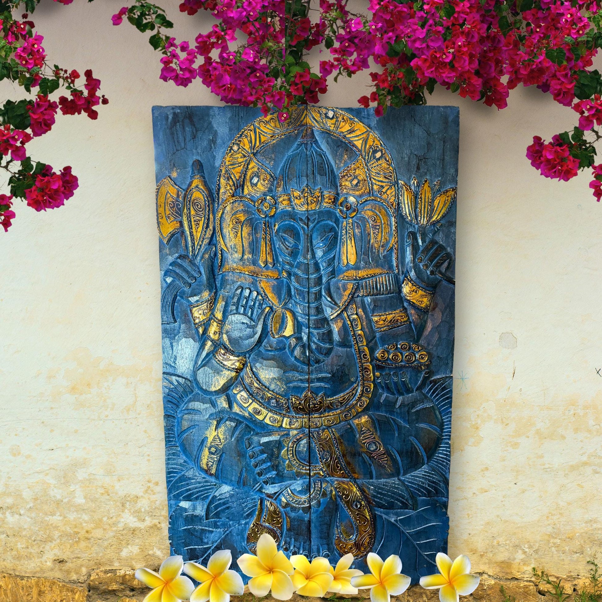 Ganesha Elephant God Hand Carved Wooden Panel Wall Art Folding Screen Wood Carving Balinese  Eclectic Asian Style Boho Decor Gold Blue Gold - Acadia World Traders