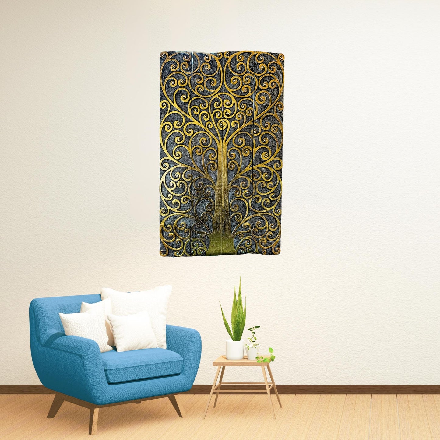Hand Carved Wood Tree of Life Wall Art Panel, Balinese Handicraft Gold & Silver Leaf