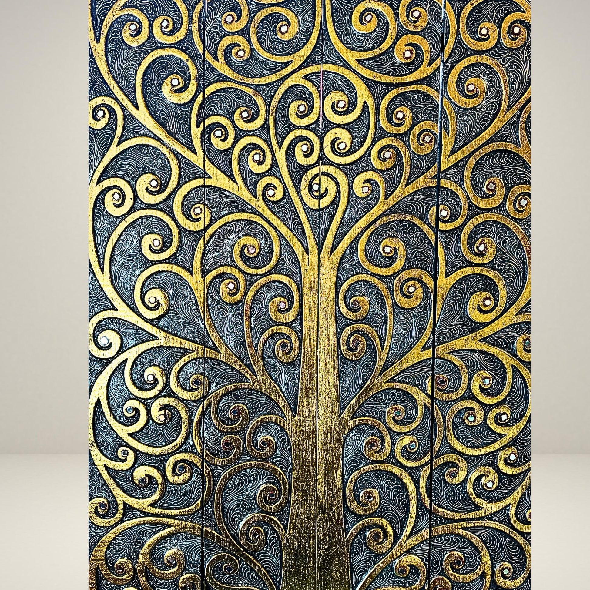 Tree Of Life Hand Carved Wooden Panel Wall Art Folding Screen Wood Carving Balinese  Eclectic Asian Style Boho Decor Silver Gold - Acadia World Traders
