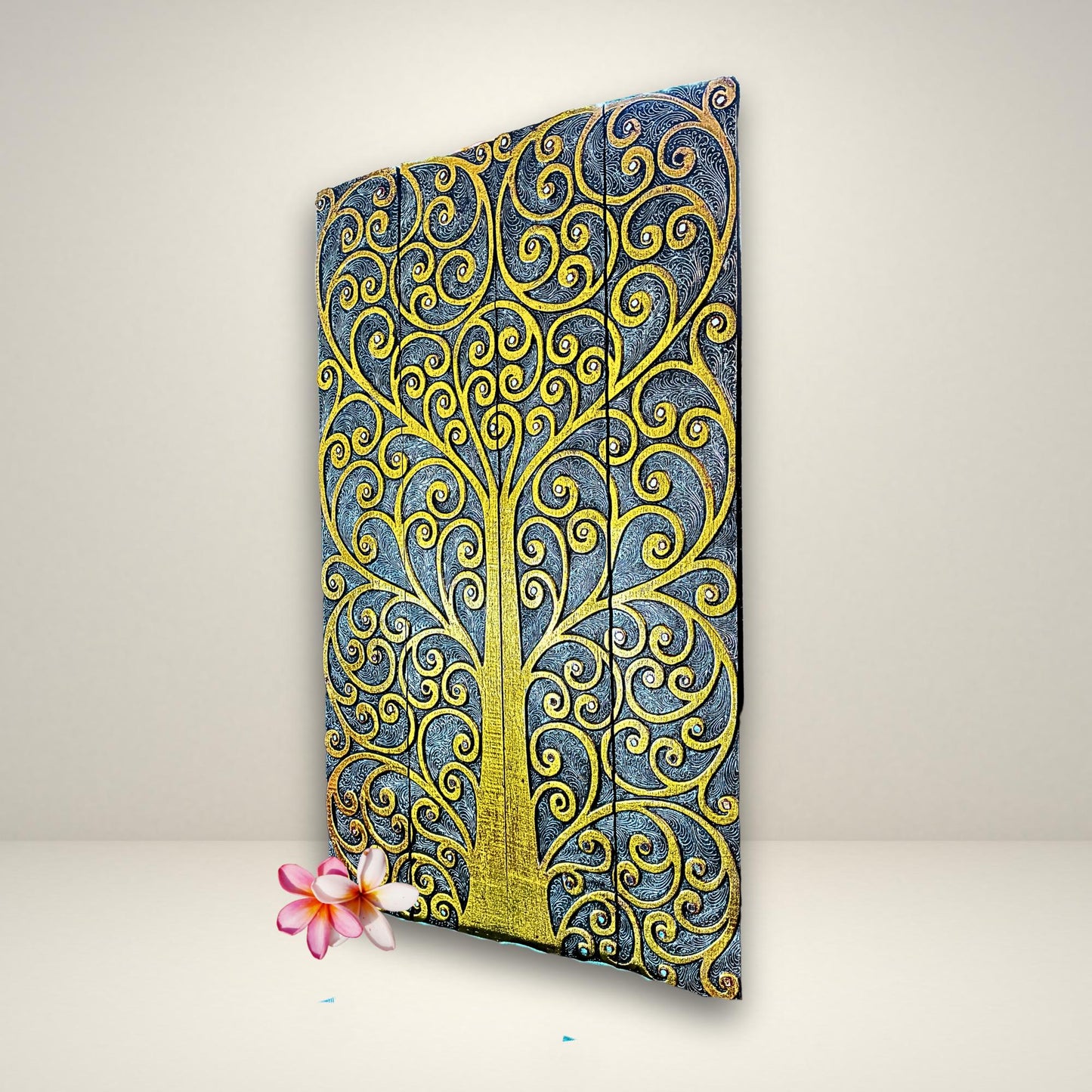 Hand Carved Wood Tree of Life Wall Art Panel, Balinese Handicraft Gold & Silver Leaf