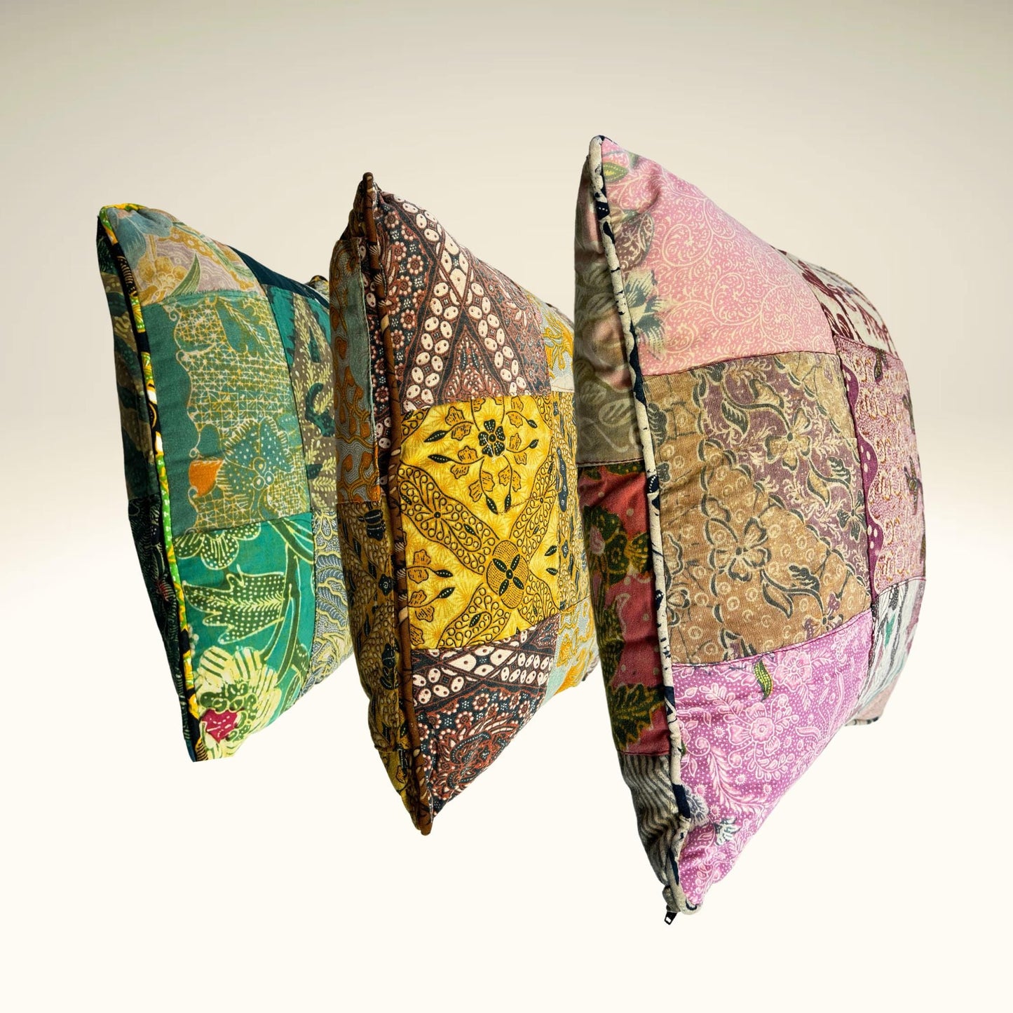 Handmade Batik Patchwork Pillow: Vintage Repurposed Fabric, Organic Kapok Fill