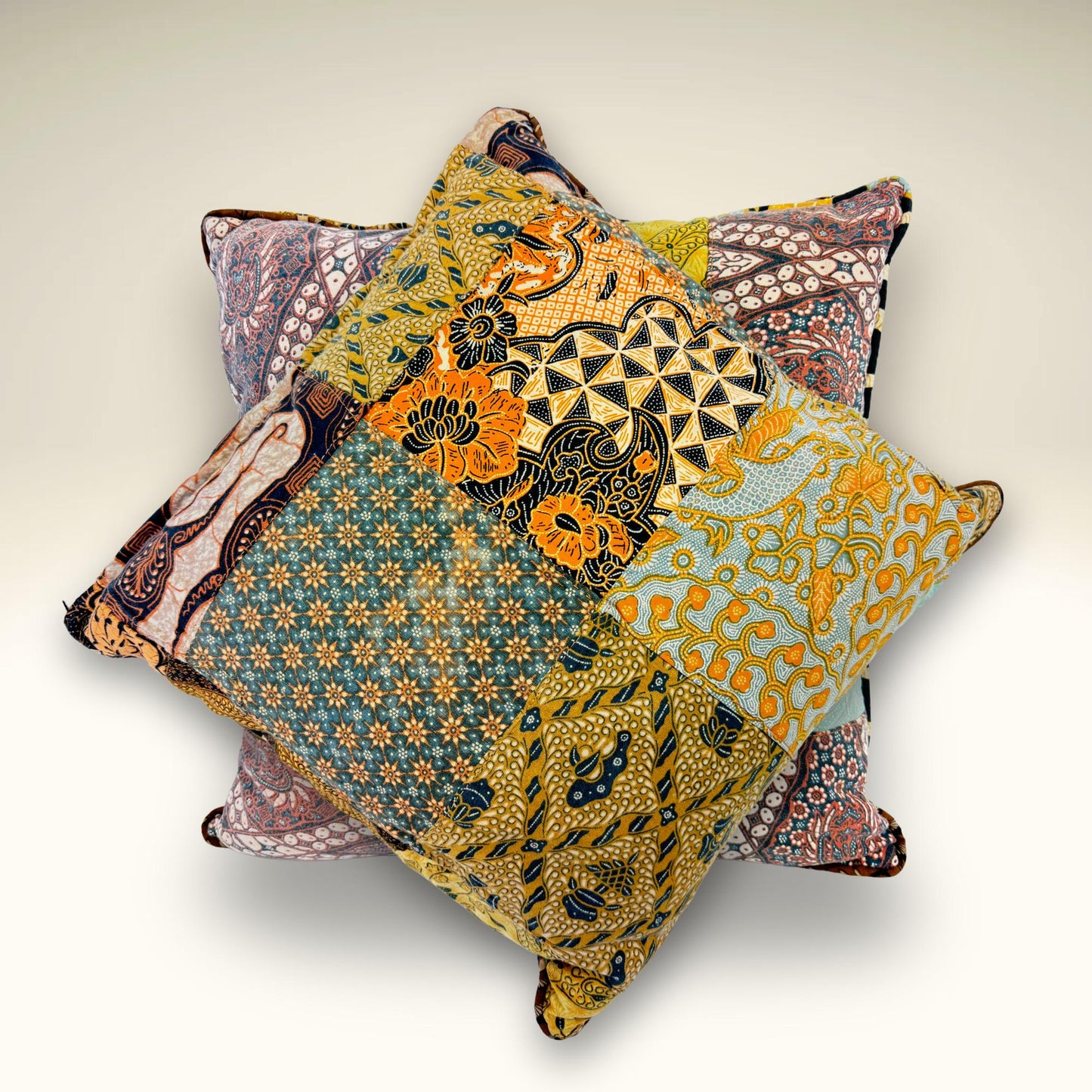 Handmade Batik Patchwork Pillow: Vintage Repurposed Fabric, Organic Kapok Fill