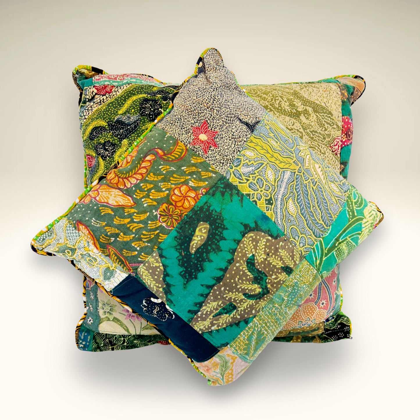 Handmade Batik Patchwork Pillow: Vintage Repurposed Fabric, Organic Kapok Fill