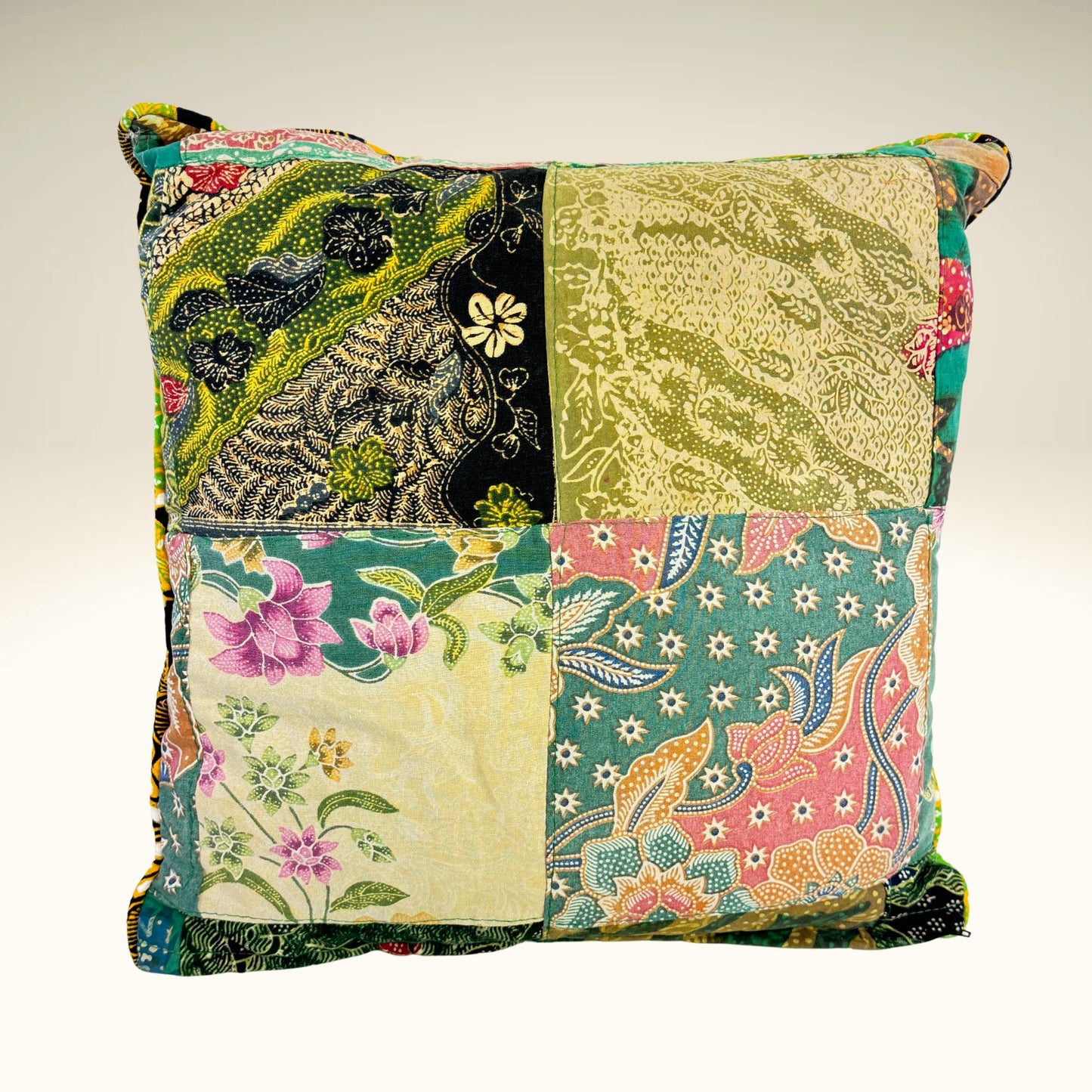 Handmade Batik Patchwork Pillow: Vintage Repurposed Fabric, Organic Kapok Fill