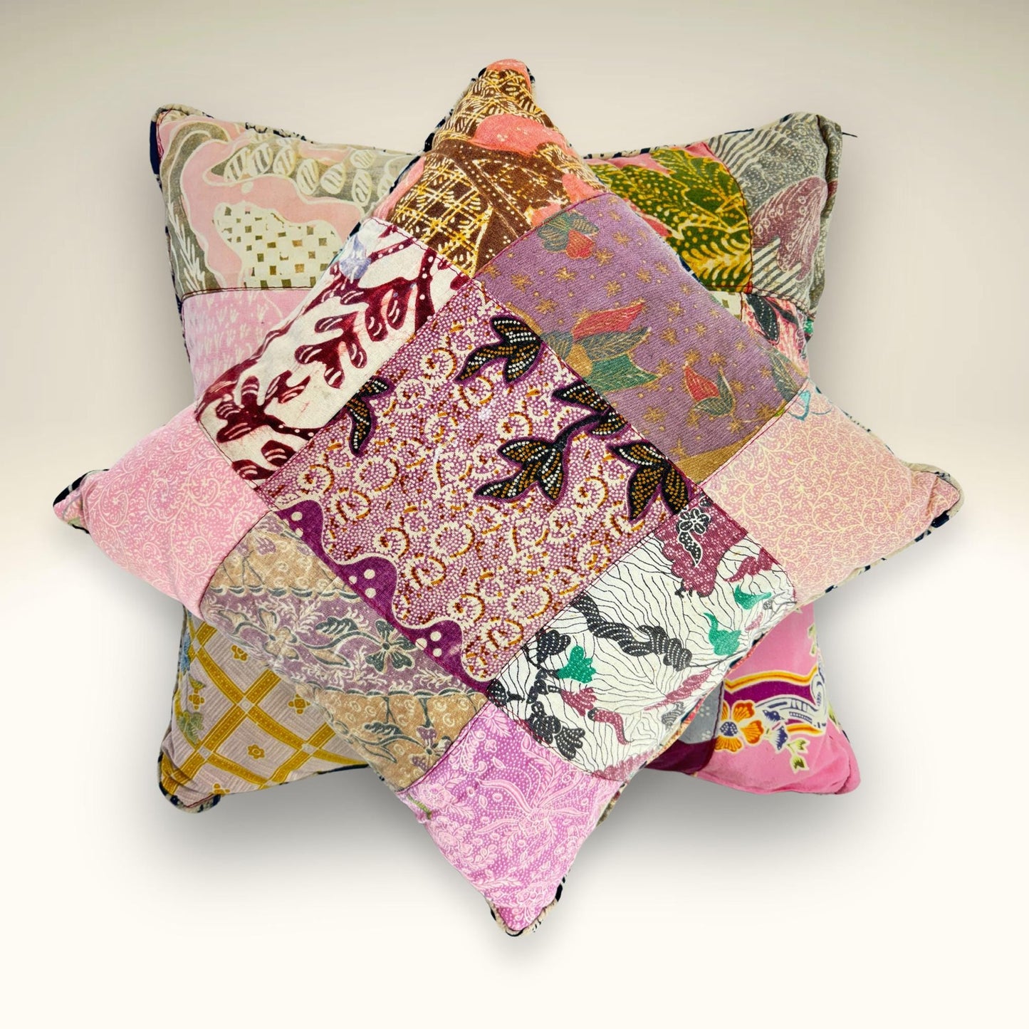 Handmade Batik Patchwork Pillow: Vintage Repurposed Fabric, Organic Kapok Fill