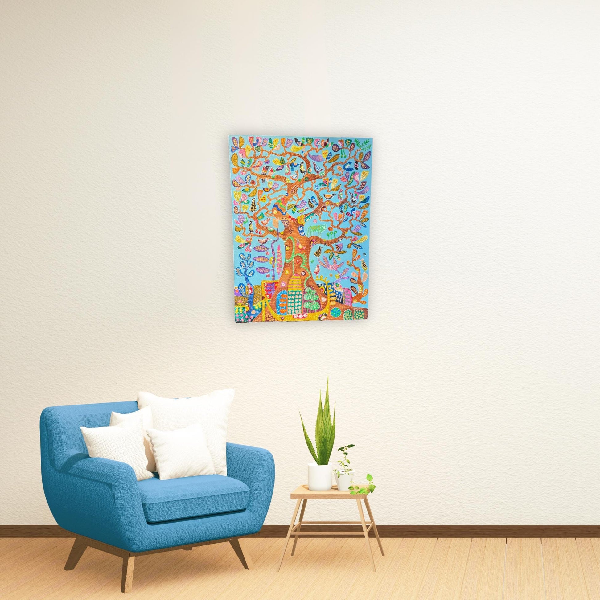 Tree of Life Fine art Painting acrylic on Canvas signed Agung Bali Wall Art Bohemian  Decor Blue - Acadia World Traders