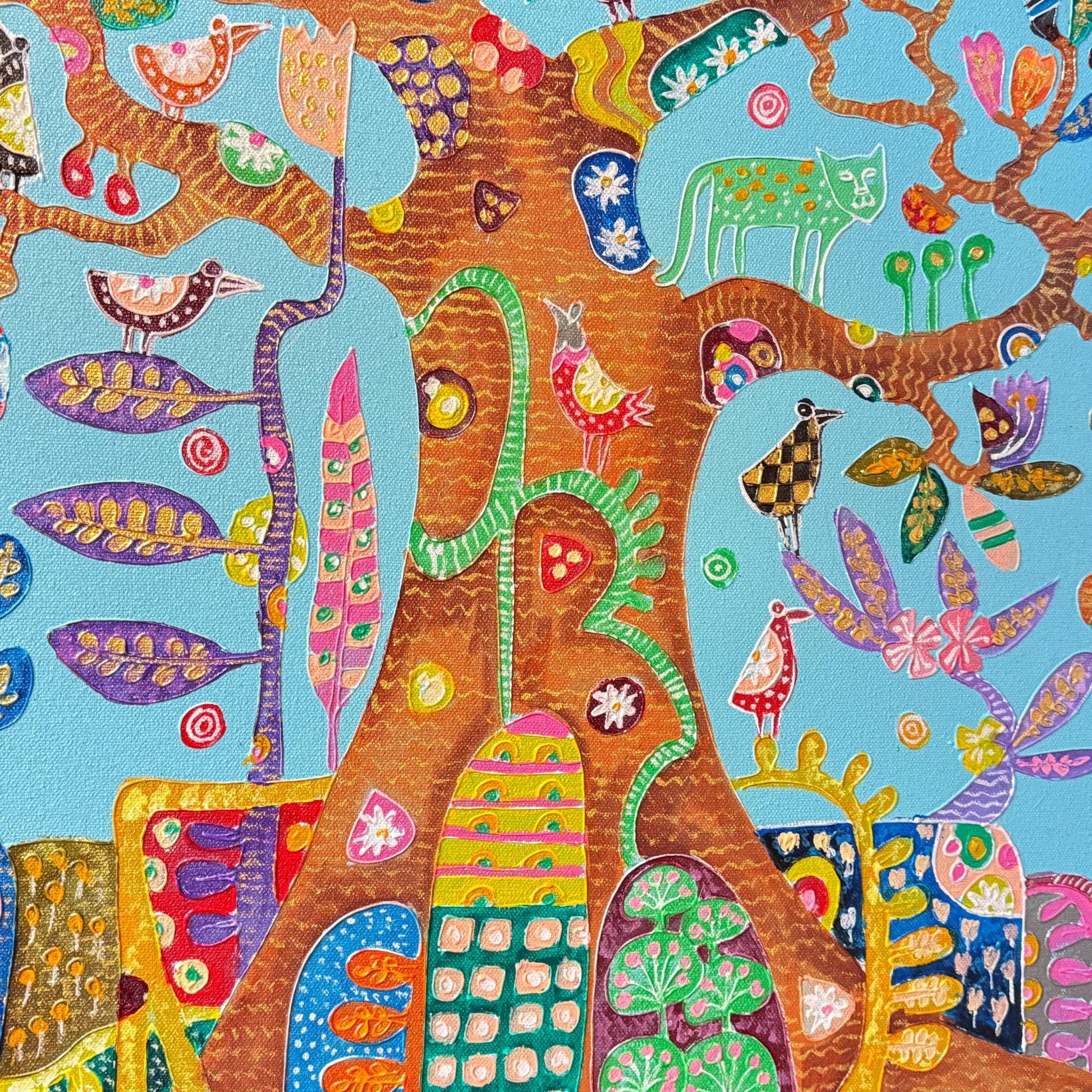 Tree of Life Fine art Painting acrylic on Canvas signed Agung Bali Wall Art Bohemian  Decor Blue - Acadia World Traders
