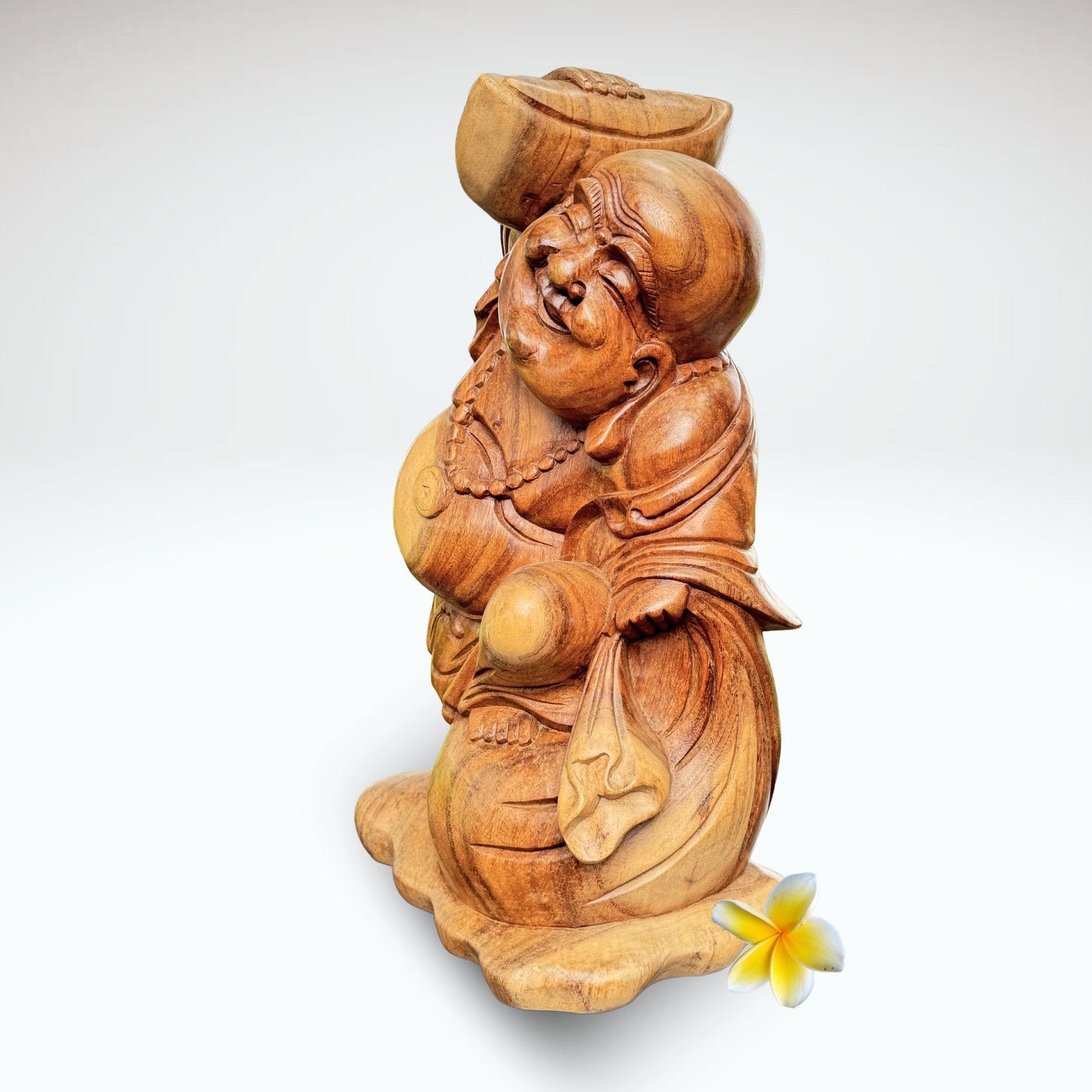 20" Hand Carved Suar Wood Laughing Buddha Statue: Balinese Good Luck Decor