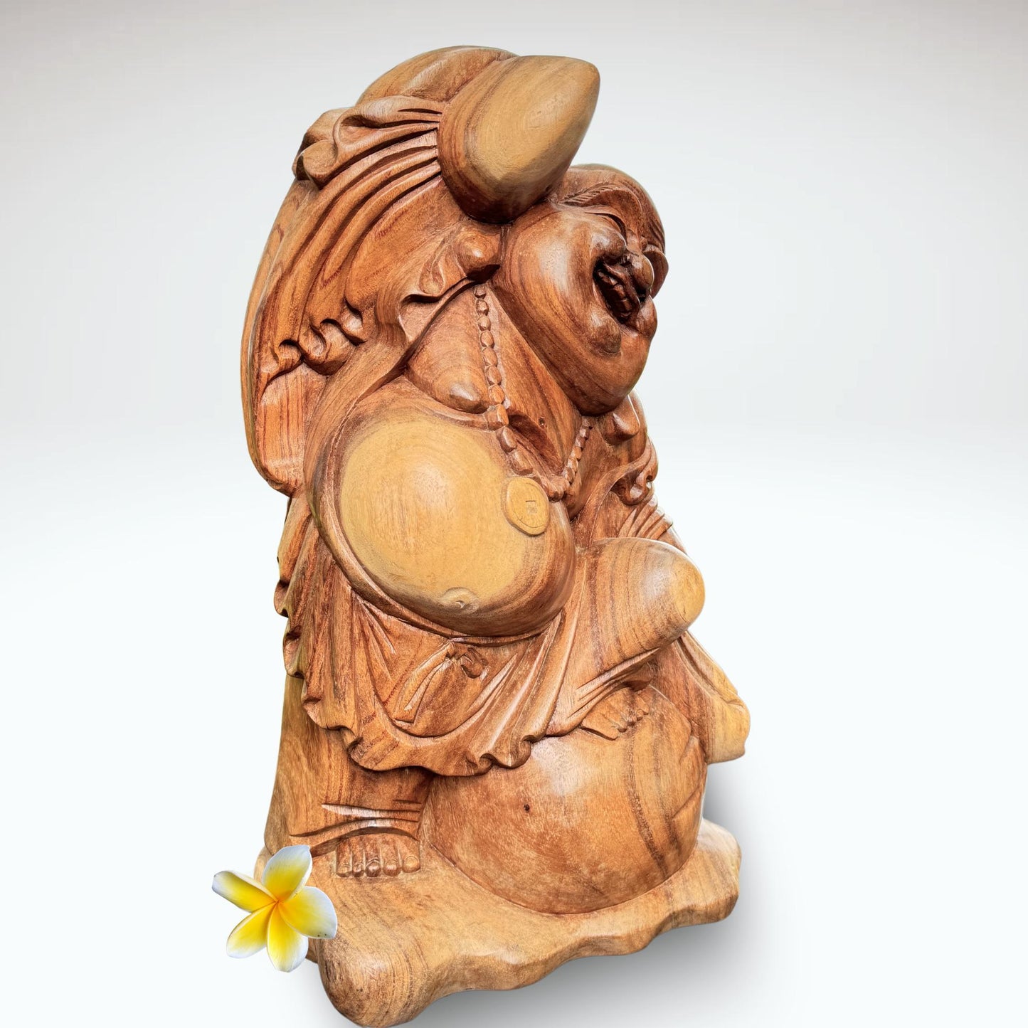 20" Hand Carved Suar Wood Laughing Buddha Statue: Balinese Good Luck Decor