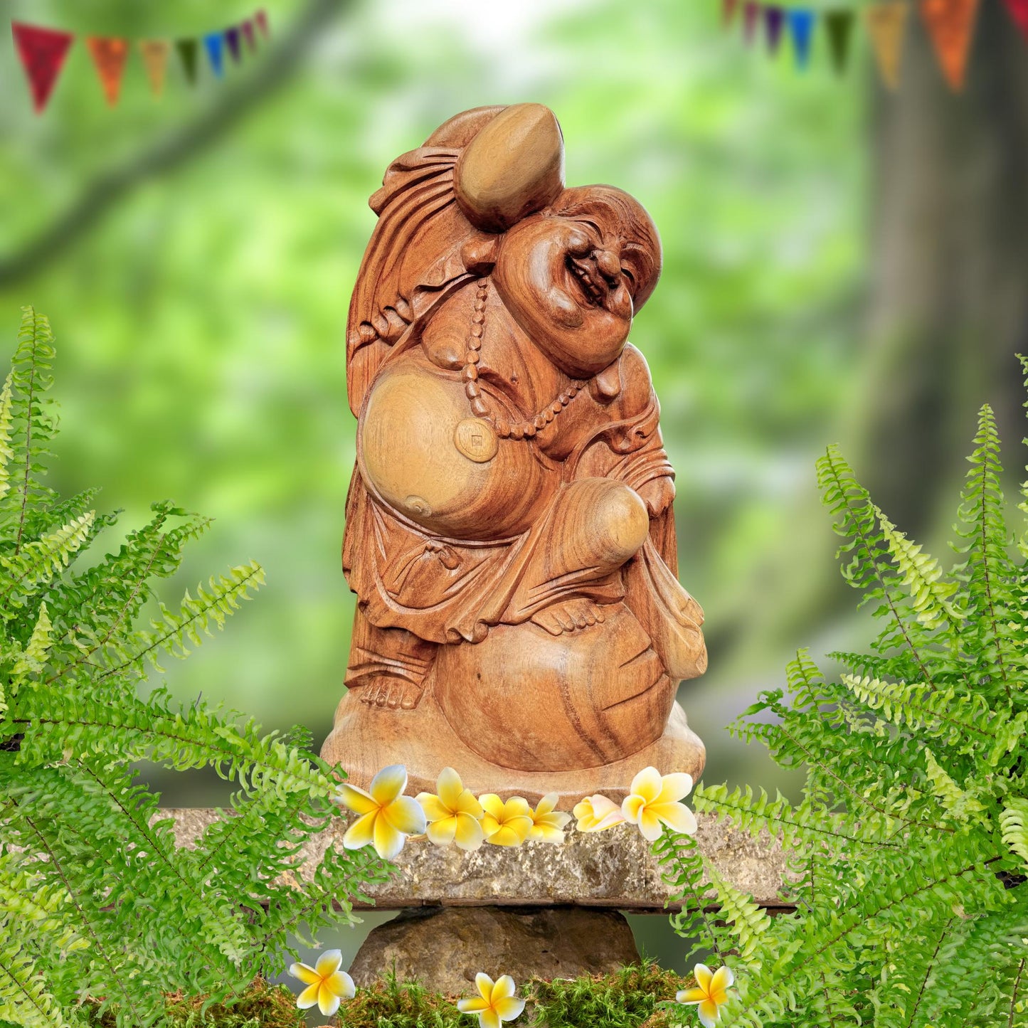 20" Hand Carved Suar Wood Laughing Buddha Statue: Balinese Good Luck Decor