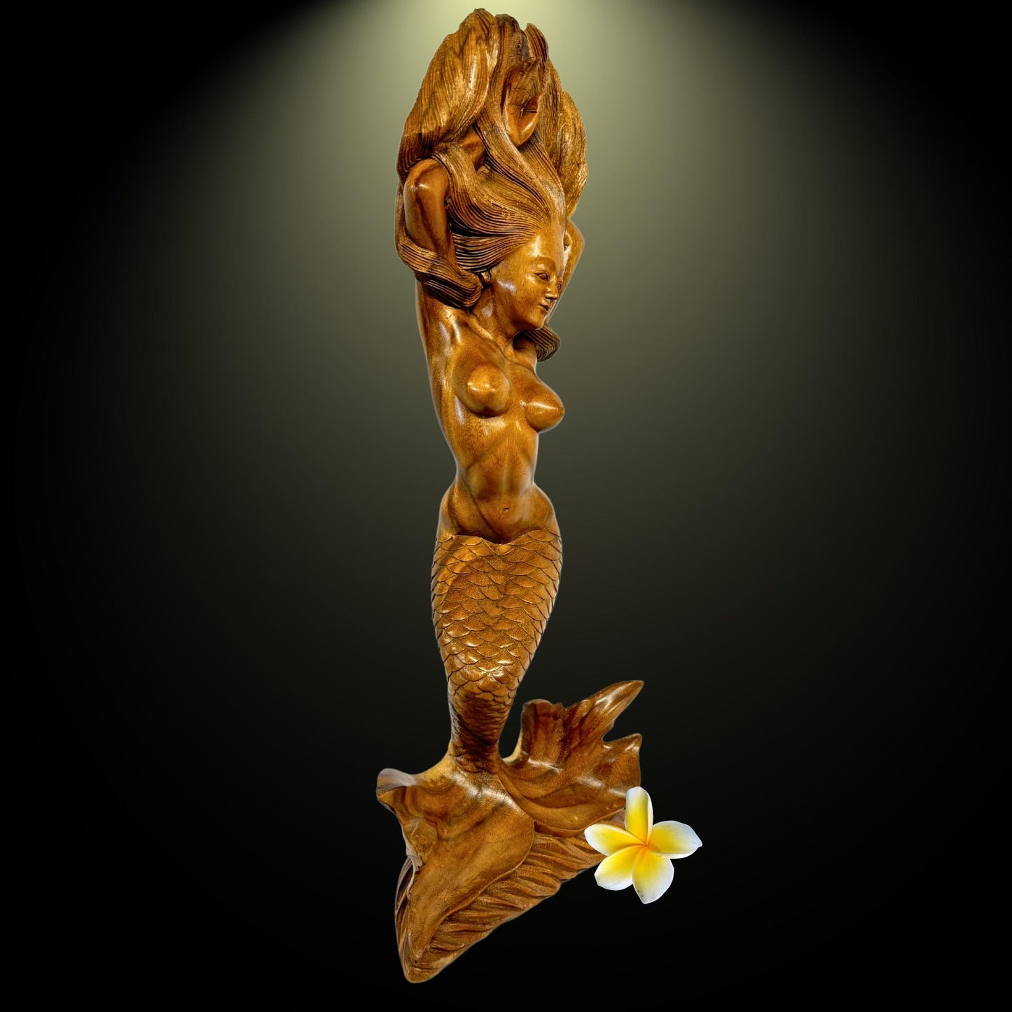 Hand Carved Wood Balinese Mermaid Sculpture: Sea Sirin Sculpture Nautical Decor
