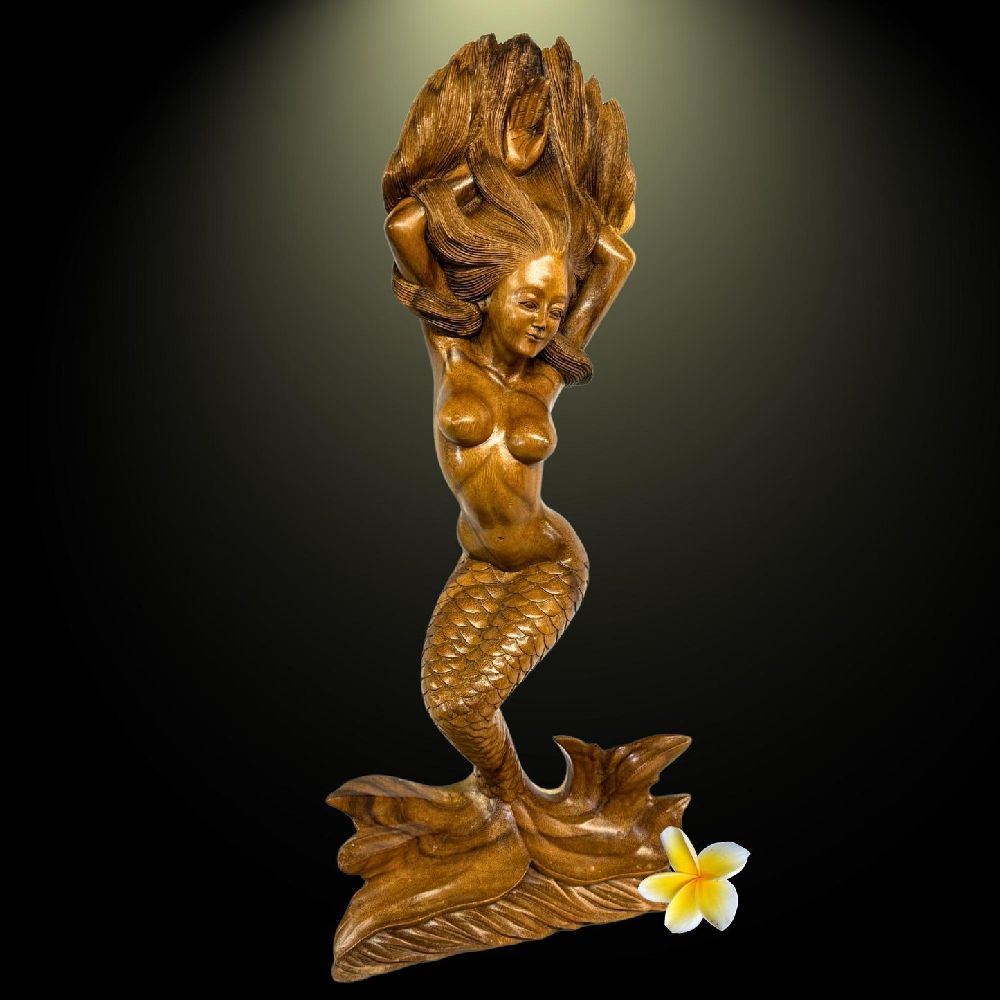 Hand Carved Wood Balinese Mermaid Sculpture: Sea Sirin Sculpture Nautical Decor