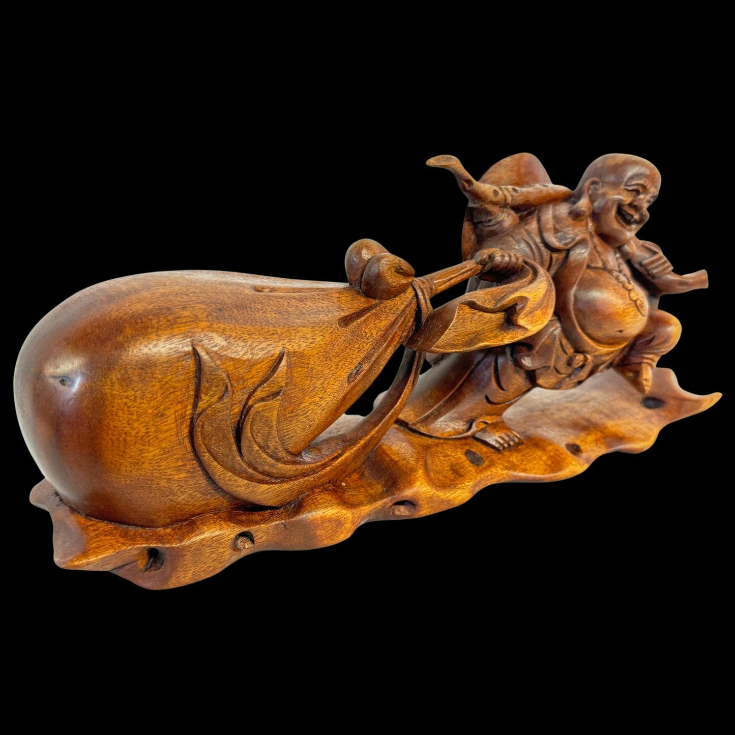 Joyful Buddha Statue Prosperity Hotei Budai hand carved Wood Sculpture Bali Art