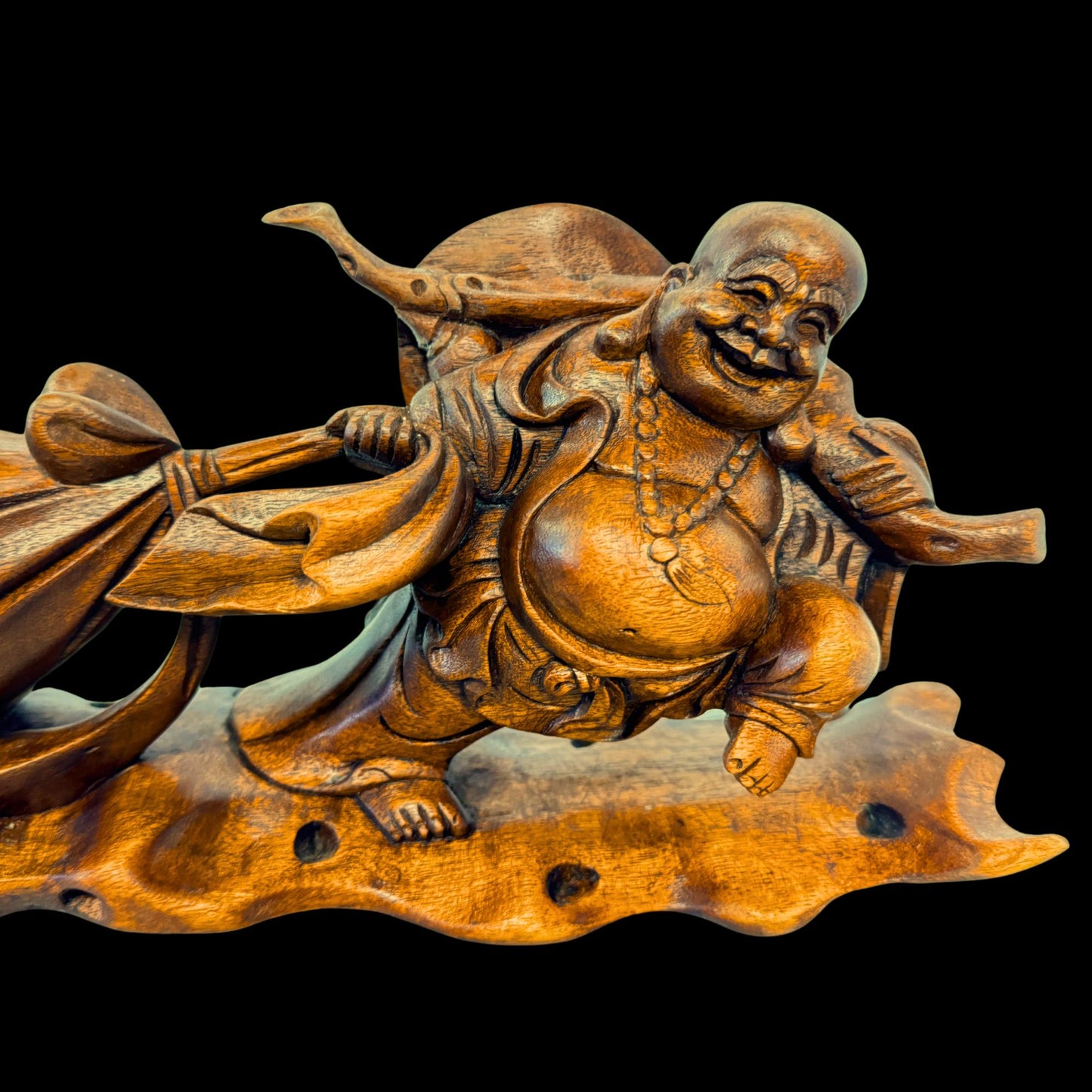Joyful Buddha Statue Prosperity Hotei Budai hand carved Wood Sculpture Bali Art
