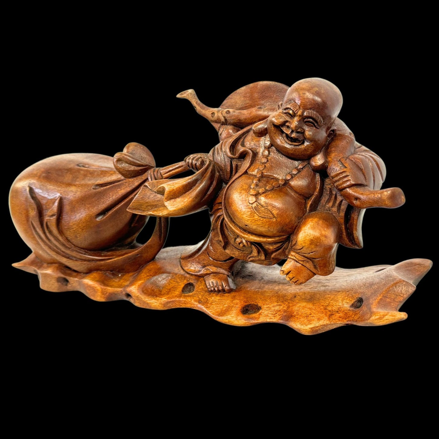 Joyful Buddha Statue Prosperity Hotei Budai hand carved Wood Sculpture Bali Art