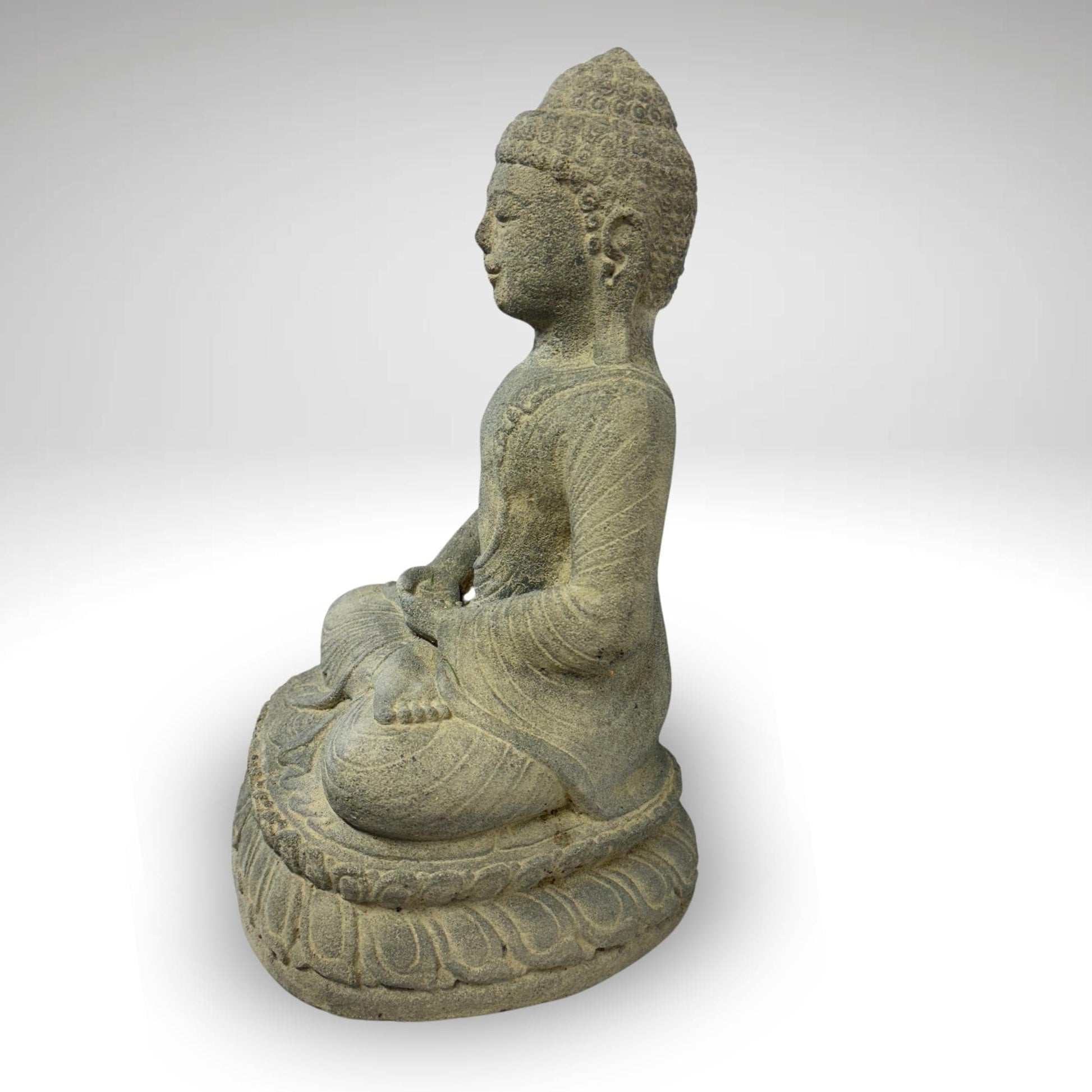Dhyana Mudra Buddha Garden Statue Sculpture Lotus Pose Meditating Upon Padma Base Bali Art Cast Lava Stone Concrete - Acadia World Traders