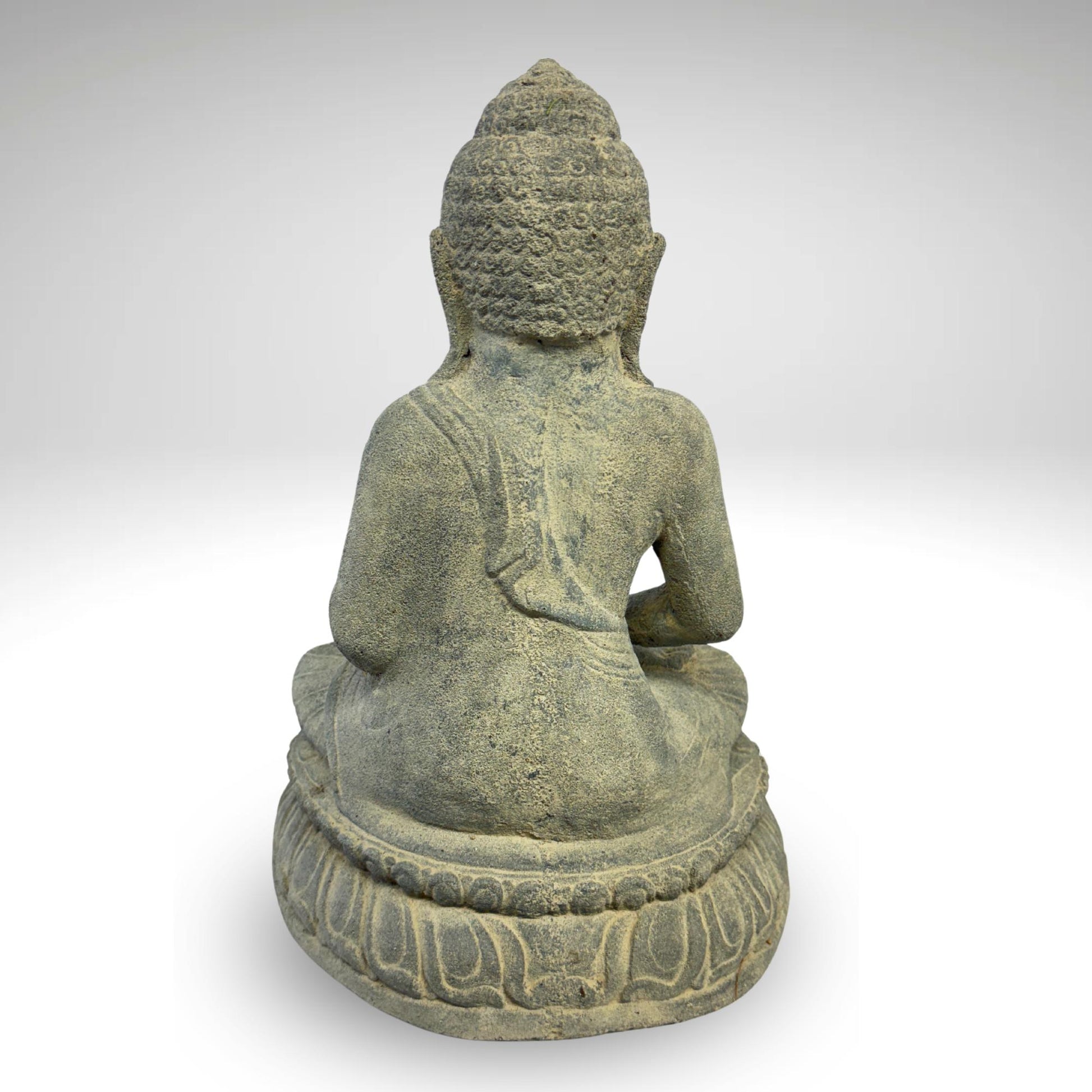 Dhyana Mudra Buddha Garden Statue Sculpture Lotus Pose Meditating Upon Padma Base Bali Art Cast Lava Stone Concrete - Acadia World Traders