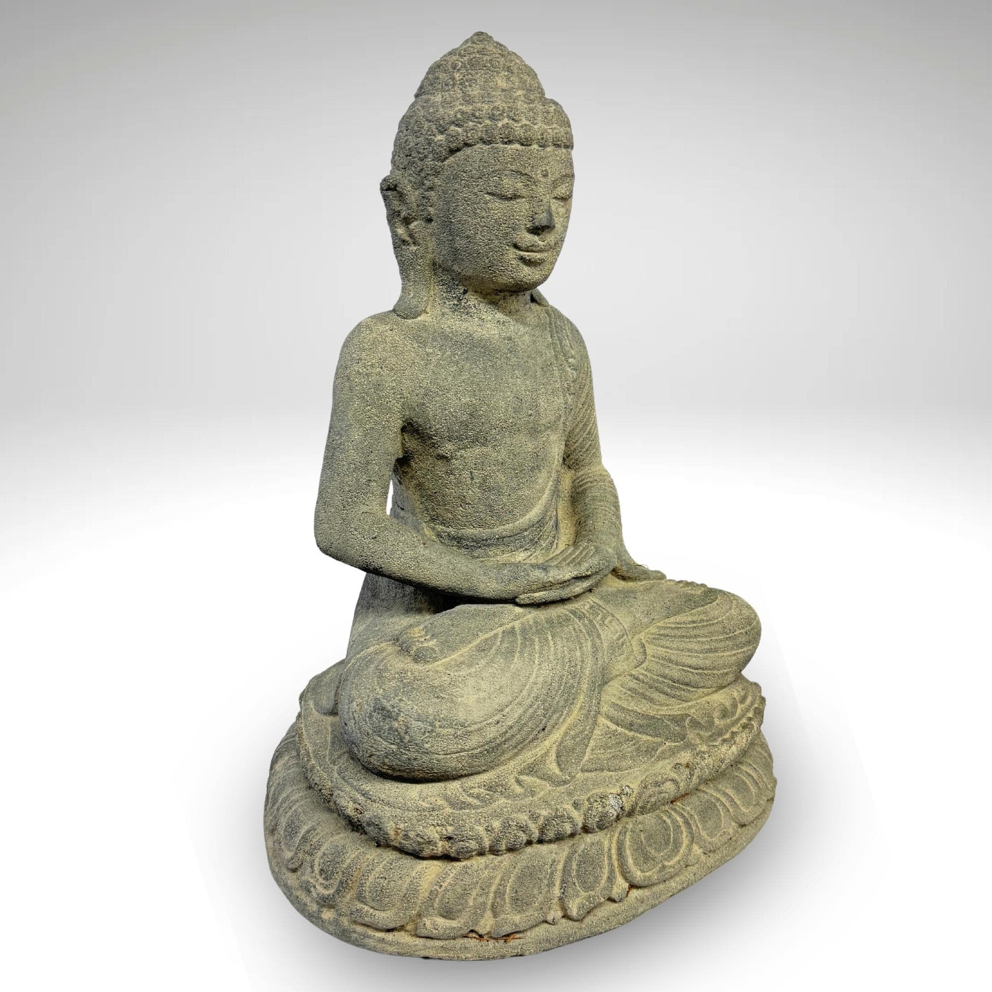 Dhyana Mudra Buddha Garden Statue Sculpture Lotus Pose Meditating Upon Padma Base Bali Art Cast Lava Stone Concrete - Acadia World Traders