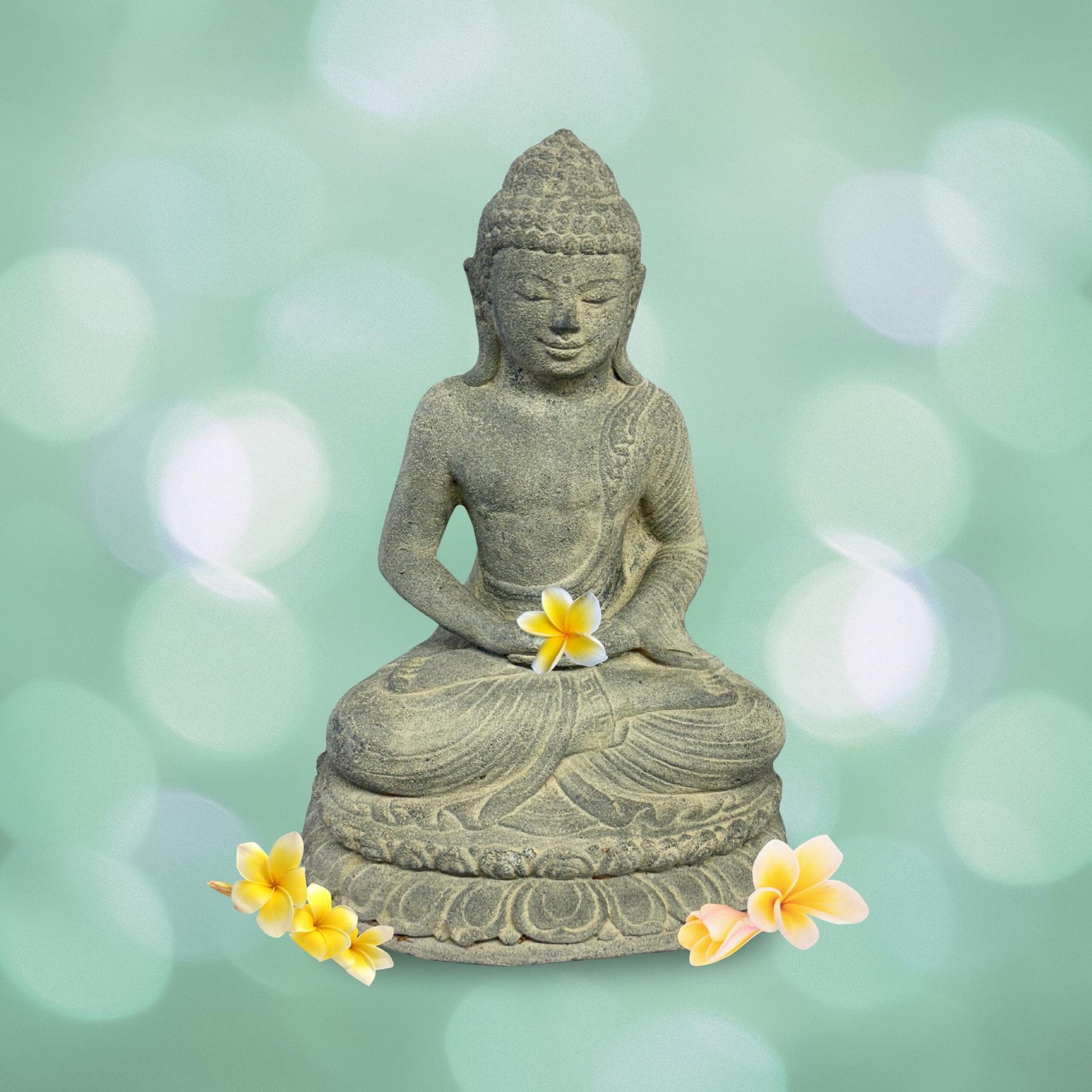 Dhyana Mudra Buddha Garden Statue Sculpture Lotus Pose Meditating Upon Padma Base Bali Art Cast Lava Stone Concrete - Acadia World Traders