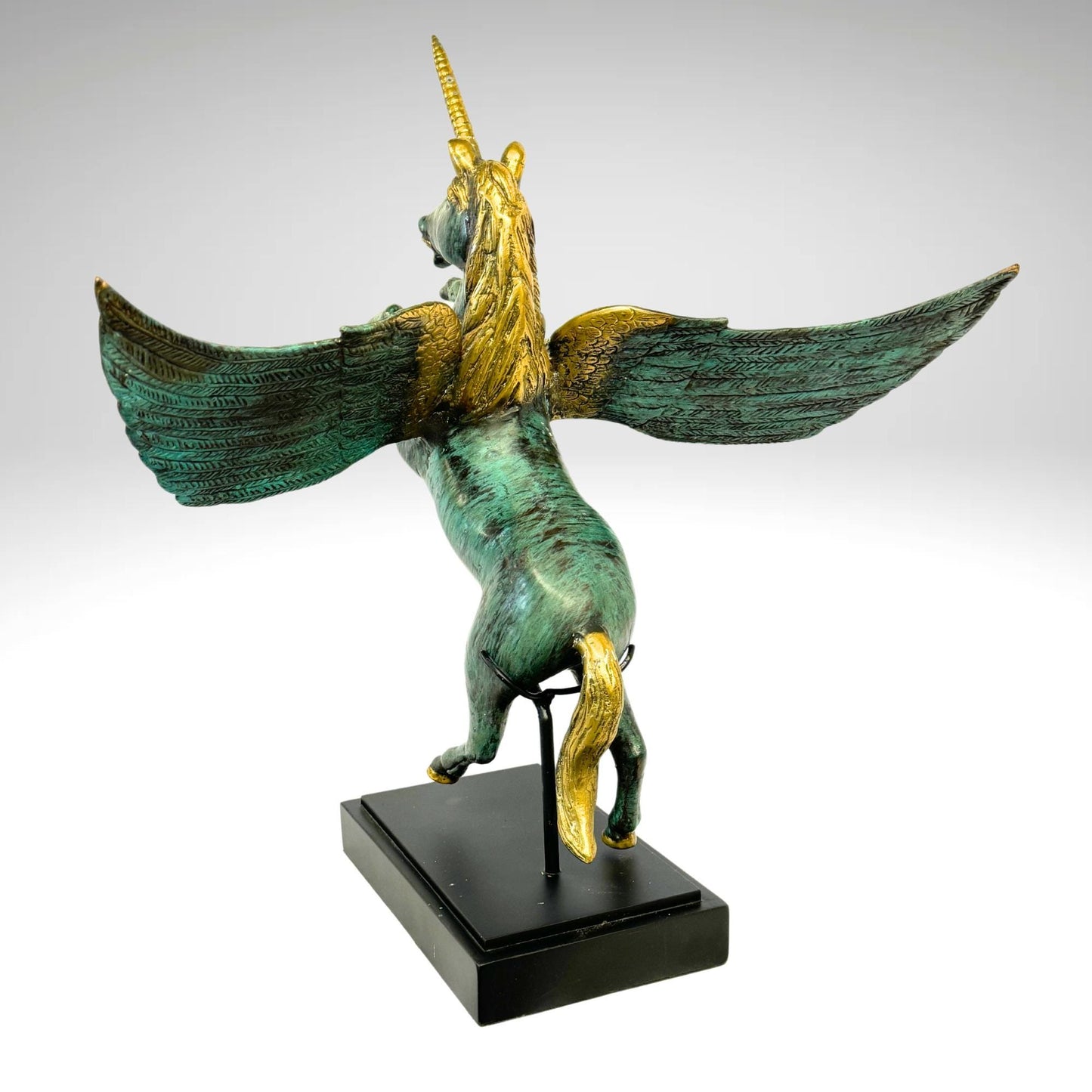 Bronze Pegasus Sculpture: Winged Unicorn Statue, Teal Verdigris Patina