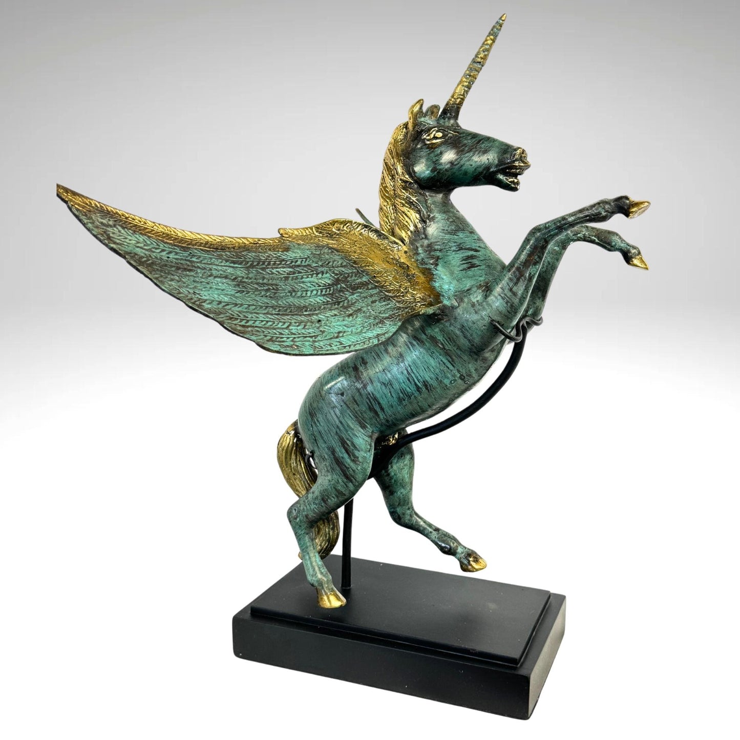 Bronze Pegasus Sculpture: Winged Unicorn Statue, Teal Verdigris Patina