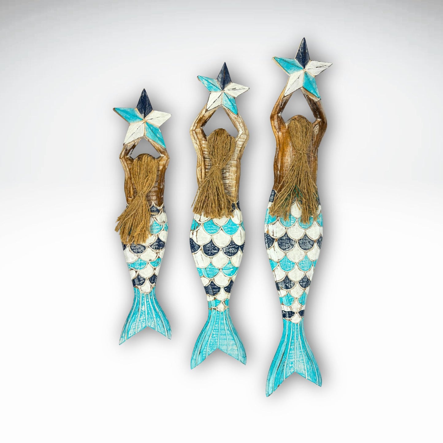Mermaid Wall Art Set: Carved Wood Nautical Beach Decor