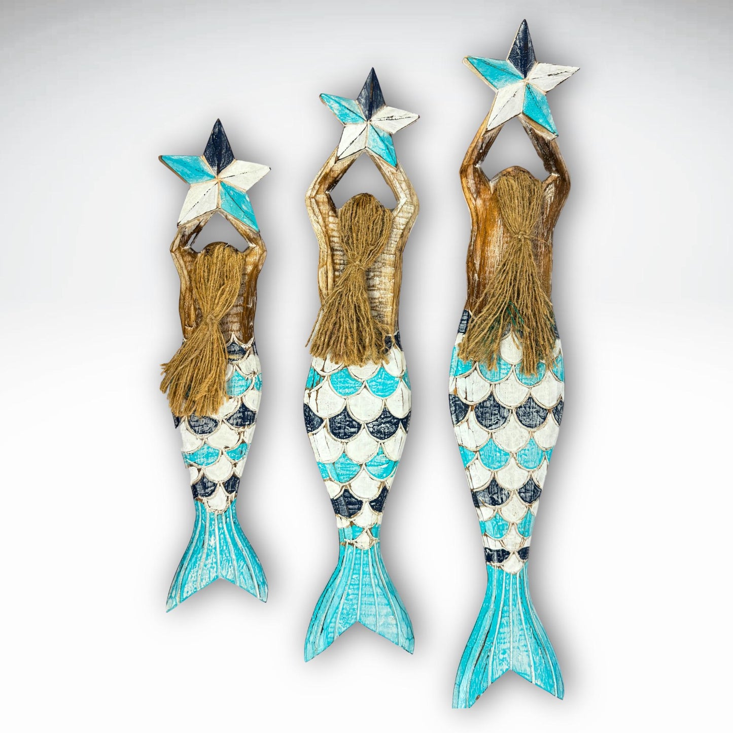 Mermaid Wall Art Set: Carved Wood Nautical Beach Decor