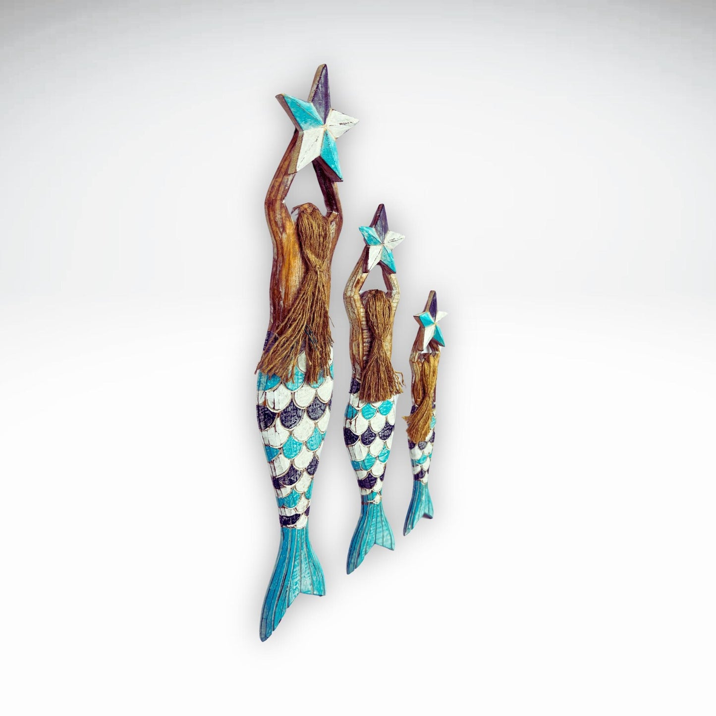 Mermaid Wall Art Set: Carved Wood Nautical Beach Decor