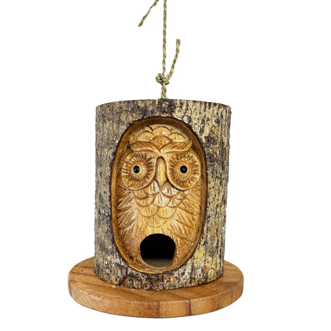 Owl Spirit Bird house Rustic Hand Carved Wood Carving Log Bird House Bali Yard Garden Art